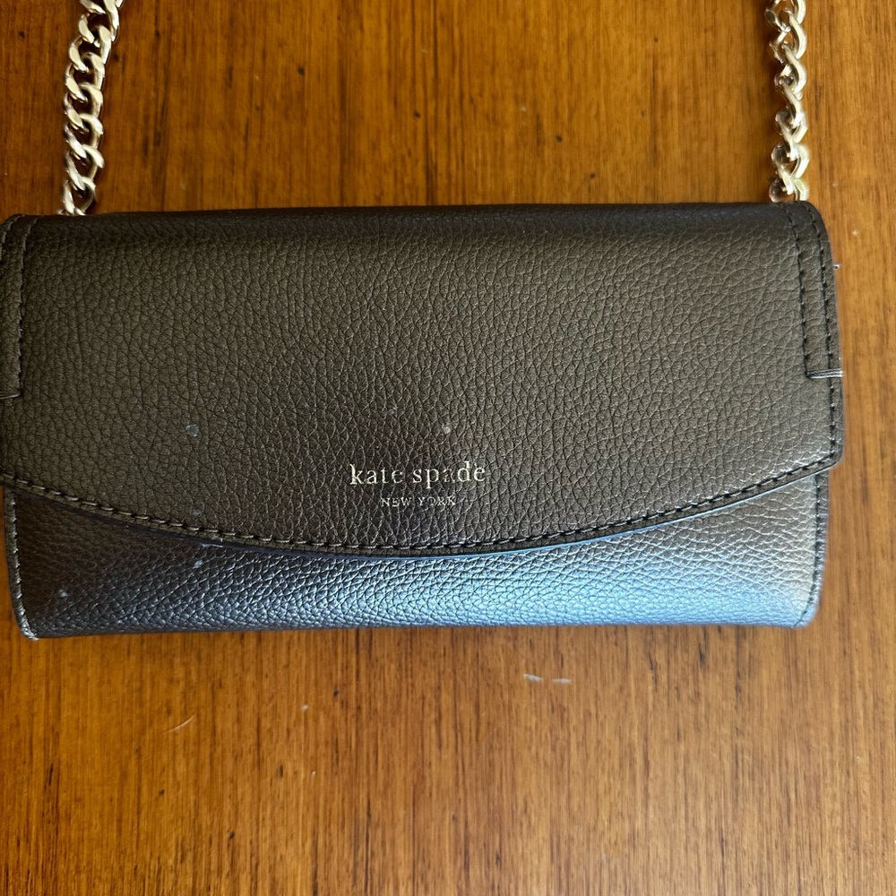 Kate Spade Eva Wallet on a Chain crossbody bronze and gold.